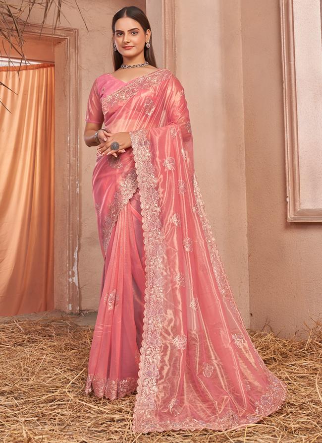 Shimmer Silver Net Light Pink Party Wear Swarovski Work Saree